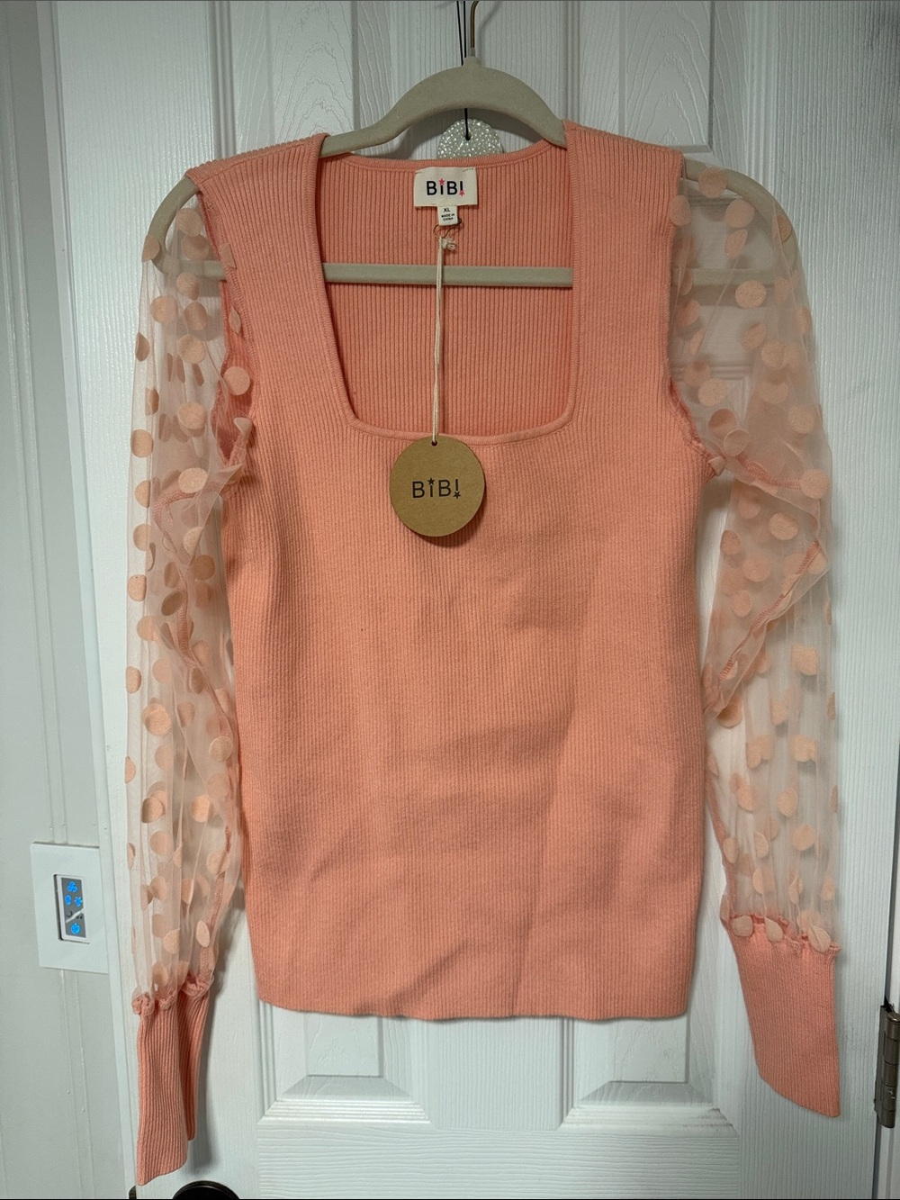 BiBi Peach Ribbed Knit Top with Polka Dot Mesh Sleeves